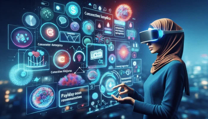 A person using a digital tool to compare payday loan offers, with graphs showing costs and repayment plans.