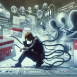 A young adult sits with his head in his hand, surrounded by floating images of calendars, dollar signs, documents, and digital graphics representing payday loans, financial data, and online transactions in the US.