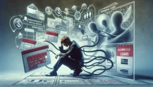 A young adult sits with his head in his hand, surrounded by floating images of calendars, dollar signs, documents, and digital graphics representing payday loans, financial data, and online transactions in the US.