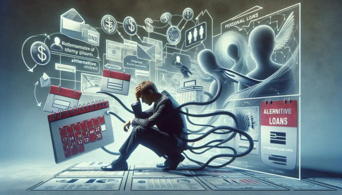 A young adult sits with his head in his hand, surrounded by floating images of calendars, dollar signs, documents, and digital graphics representing payday loans, financial data, and online transactions in the US.