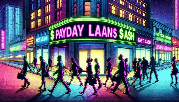 A busy American city street at night with neon signs for payday loans and people entering a loan office.