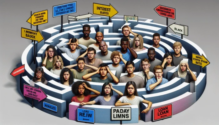 Young adults navigating a maze representing varied U.S. state regulations on payday loans, with signs indicating different interest rates and loan limits.
