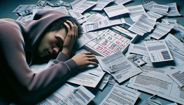 A young adult stressed by scattered bills and due dates, illustrating payday loan financial strain.