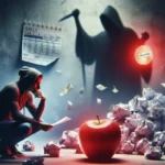 A person in a hoodie crouches near a large red apple and crumpled papers, reading a sheet. Scattered money and a wall calendar hint at US payday loan trends, as a threatening shadow looms with a cane against the wall.