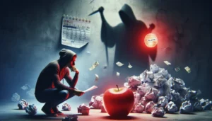 A person in a hoodie crouches near a large red apple and crumpled papers, reading a sheet. Scattered money and a wall calendar hint at US payday loan trends, as a threatening shadow looms with a cane against the wall.