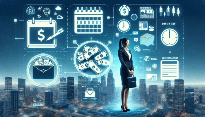 Infographic showing payday loans concept with calendar, cash, and businessperson against urban cityscape.