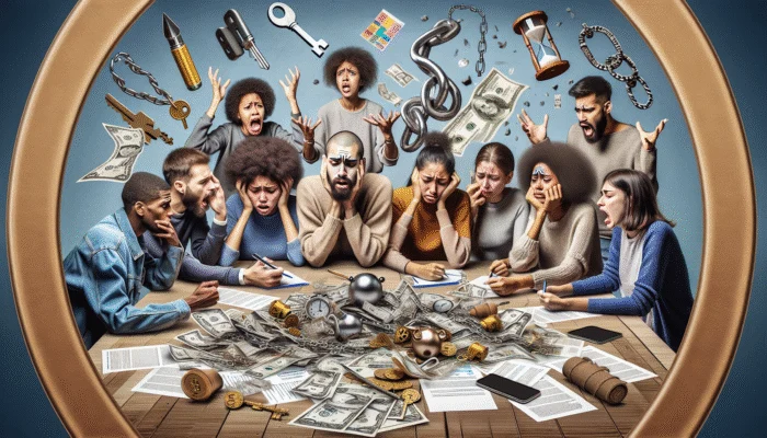 A diverse group of millennials showing relief and stress, navigating payday loans with financial documents.