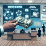 A hand holding cash in the foreground of a modern South Carolina office, with digital payday loans information displayed on large screens. Three people work at desks or stand, reviewing insights on how they work.