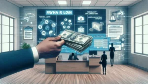 A hand holding cash in the foreground of a modern South Carolina office, with digital payday loans information displayed on large screens. Three people work at desks or stand, reviewing insights on how they work.