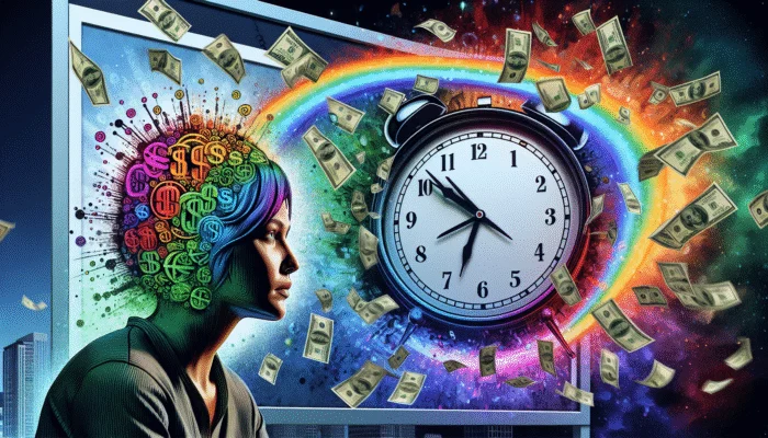 A billboard with payday loan ads, cash symbols, clock, and a person looking hopeful yet anxious.