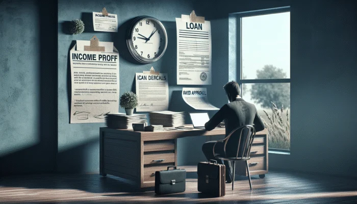 A person in South Carolina using a laptop to apply for a payday loan, with documents and a clock indicating quick approval.