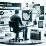 A person sits at a desk with a computer, surrounded by floating screens displaying Washington State payday loan information, charts, a calculator, money, and security icons. The visual style is black, white, and gray—a helpful guide to understanding payday loans.