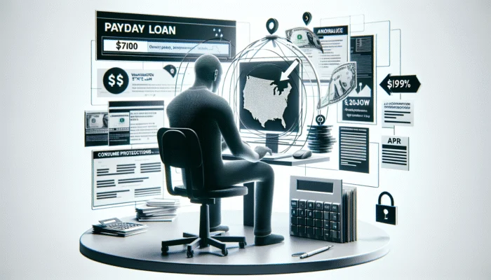 A person sits at a desk with a computer, surrounded by floating screens displaying Washington State payday loan information, charts, a calculator, money, and security icons. The visual style is black, white, and gray—a helpful guide to understanding payday loans.