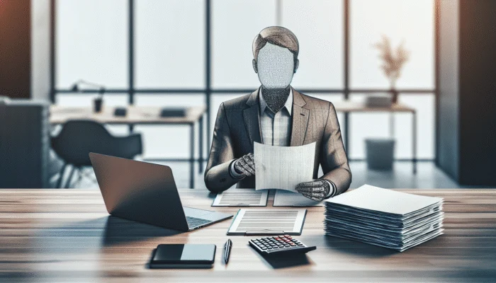 Person filling out payday loan application online at desk with laptop, documents, and calculator in modern office.
