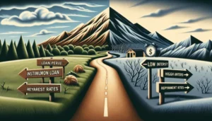 A road splits a landscape into two halves; one side is green with signs like “Installment Loans” and “Key Differences,” while the barren side displays “Payday Loans,” “Low Interest,” and “Repayment Rites.”.