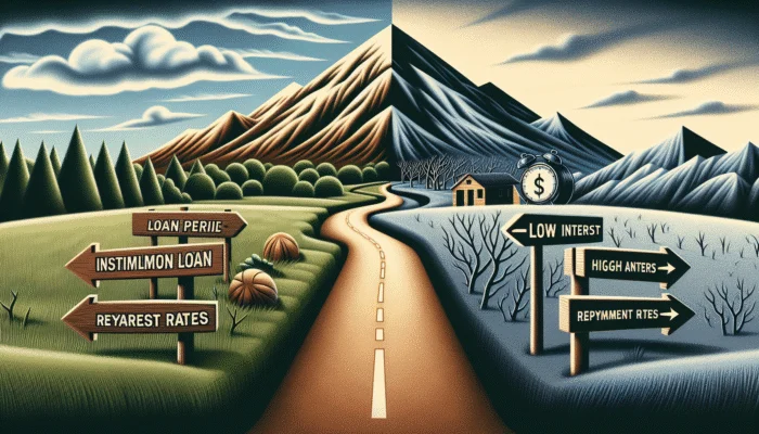 A road splits a landscape into two halves; one side is green with signs like “Installment Loans” and “Key Differences,” while the barren side displays “Payday Loans,” “Low Interest,” and “Repayment Rites.”.