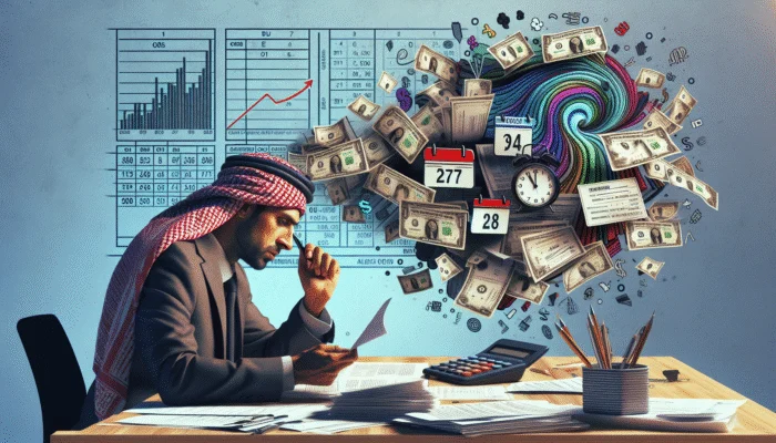 A calendar with a due date, a stressed person at a desk with bills, and a ticking clock.