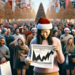 A woman in a Santa hat examines a financial chart amid a busy city street crowded with holiday shoppers, reflecting Payday Loan Trends. Christmas decorations and a large Christmas tree are visible in the background.