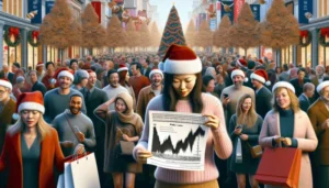 A woman in a Santa hat examines a financial chart amid a busy city street crowded with holiday shoppers, reflecting Payday Loan Trends. Christmas decorations and a large Christmas tree are visible in the background.