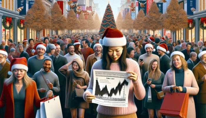 A woman in a Santa hat examines a financial chart amid a busy city street crowded with holiday shoppers, reflecting Payday Loan Trends. Christmas decorations and a large Christmas tree are visible in the background.