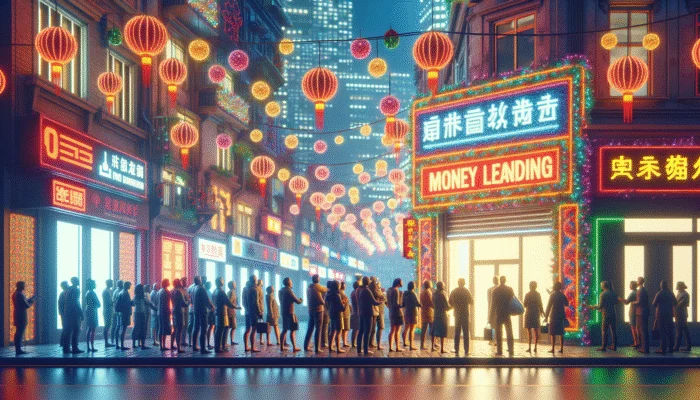 People lining up at a brightly lit payday loan store on a festive city street during the holiday season.