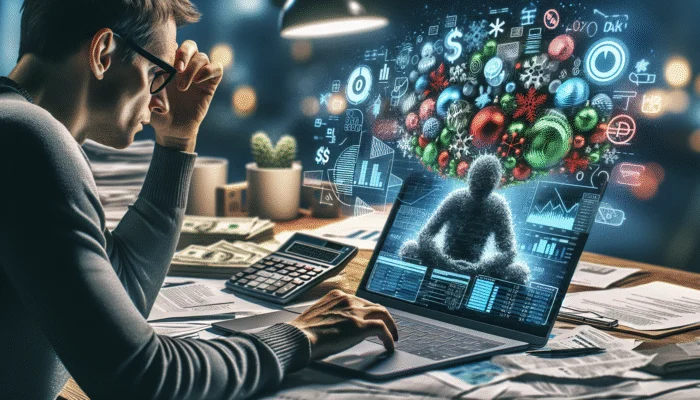 A person planning a holiday budget with financial documents, calculator, and laptop, looking hopeful and determined.