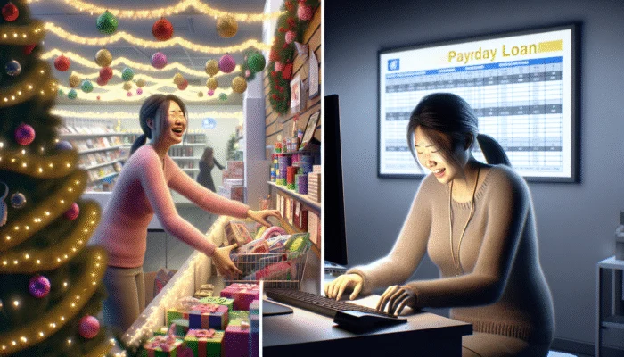 A festive retail worker during holidays, later stressed at a payday loan office post-season.