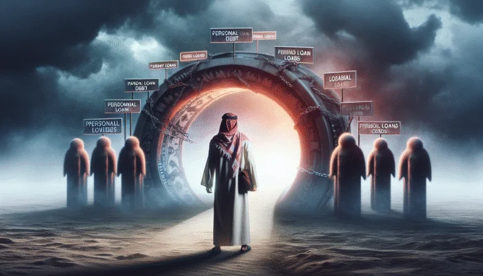 A person in traditional Middle Eastern attire stands before a glowing circular portal, surrounded by hooded figures and signs labeled “Personal Loan,” “Payday loan relief,” and other financial strategies.