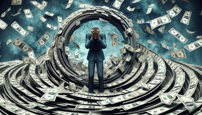 A person trapped in a cash vortex, showing anxiety and a declining credit score graph, symbolizing payday loan dependency.