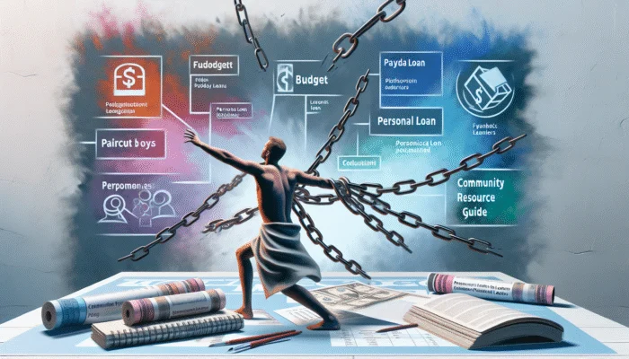 A person using budget sheets, loan documents, and community guides to break free from payday loan chains.