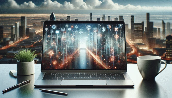 A laptop showing colorful graphs and user-friendly interfaces of online payday loan platforms on a minimalist desk with a city skyline background.