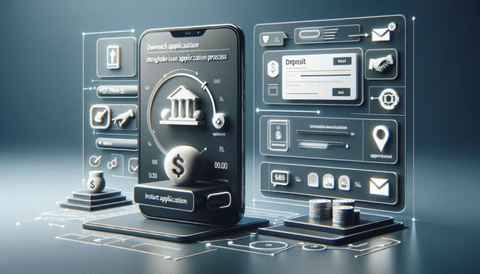 A modern website with a loan application form and a smartphone showing a recent deposit, in a tech-focused setting.