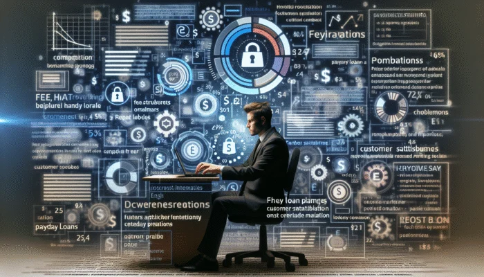 Person researching payday loan platforms on laptop, comparing fees and reviews, surrounded by documents and charts.