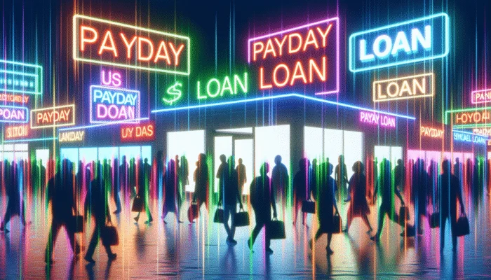 A vibrant nighttime urban scene with neon payday loan signs and diverse people entering and exiting shops.