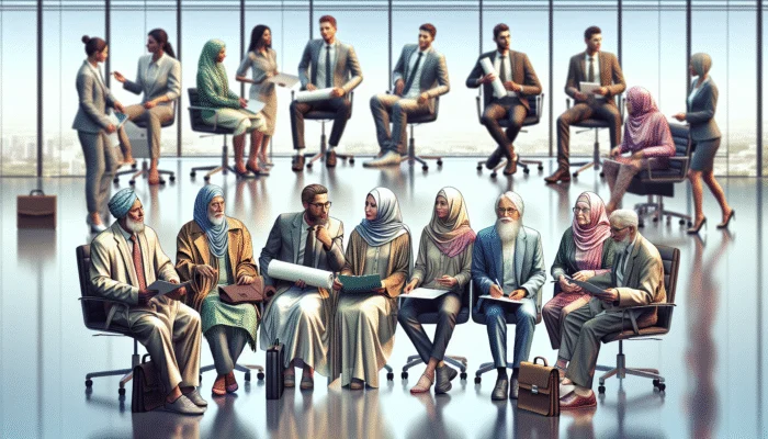 A diverse group of 25-44 year olds with lower to middle incomes, employed, in an office setting.