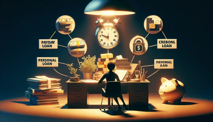 A person reviewing financial options including Payday Loan, Credit Union, Personal Loan, and Savings on a desk.