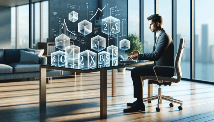 A person comparing loan documents and charts in a modern office.