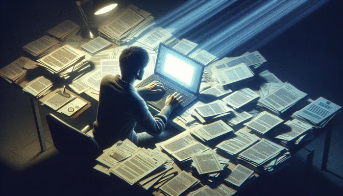 Person using laptop to research lender's credibility on BBB, with documents on desk.