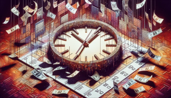 Clock with dollar bills and calendar showing paydays, urgent red and orange background.