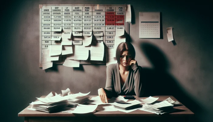 Person in financial distress with bills, misaligned calendar dates, and shadow of growing debt.