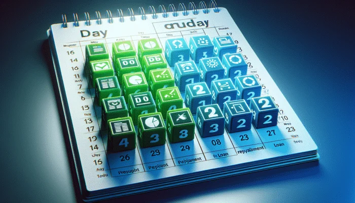 A calendar showing bi-weekly pay dates in green and loan repayment dates in blue, set just after pay dates.