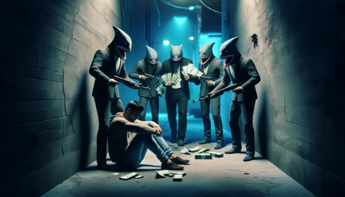 A distressed person surrounded by menacing loan sharks in a dark alley with neon signs advertising quick loans.