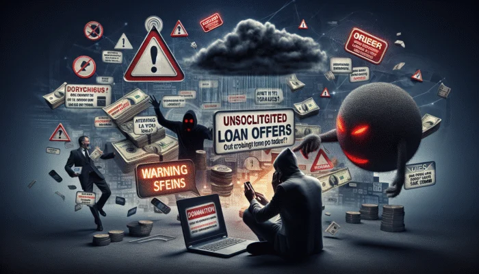 Person surrounded by red flags and warnings, receiving unsolicited loan offers via email, phone, and social media, indicating a payday loan scam.