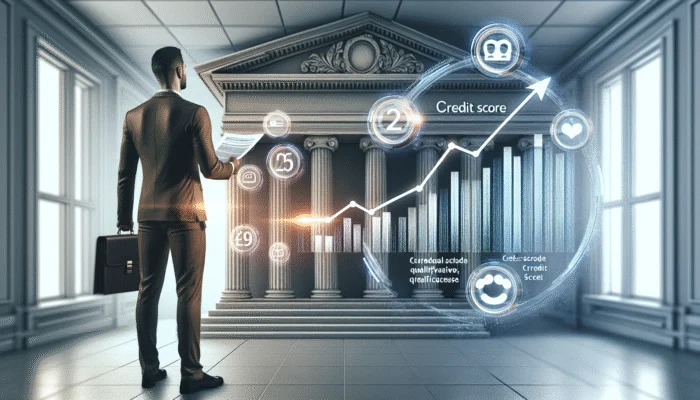 Person submitting documents to bank, credit score graph above 620 in background, for personal loan qualification.