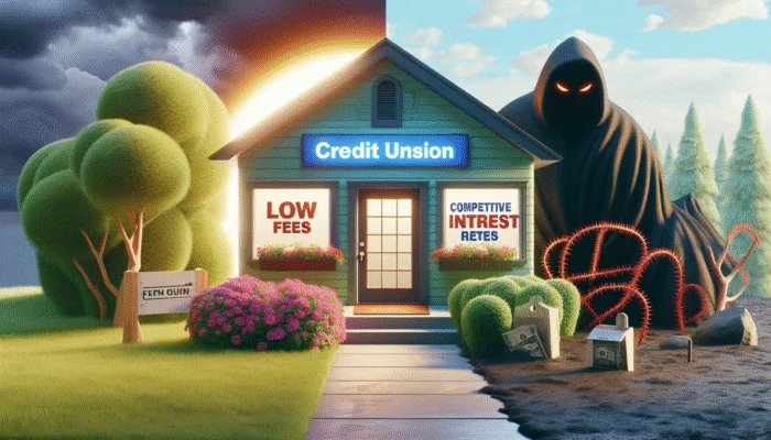 Illustration of a credit union with low fees and rates, contrasting a shadowy payday loan office.