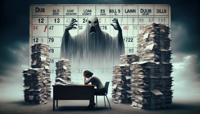 Person overwhelmed by bills and loan documents at a cluttered desk, head in hands, with a calendar showing due dates.