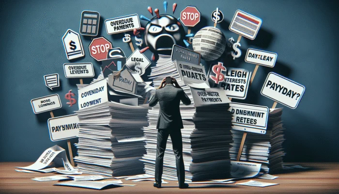 A person overwhelmed by high interest rates and fees of payday loans, surrounded by bills and legal notices.
