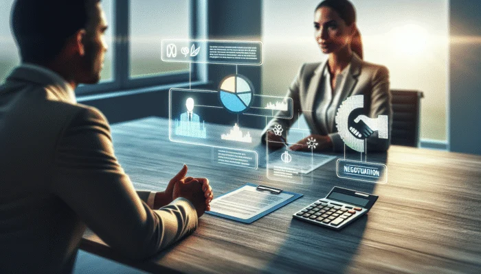 Person confidently negotiating loan terms with lender in office, using financial charts and calculator.