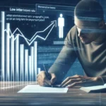 A person sits at a desk writing on paper with an open book nearby, while digital financial graphs and charts are projected above—highlighting smarter alternatives to payday loans and personal loans as statistics reveal an upward trend.