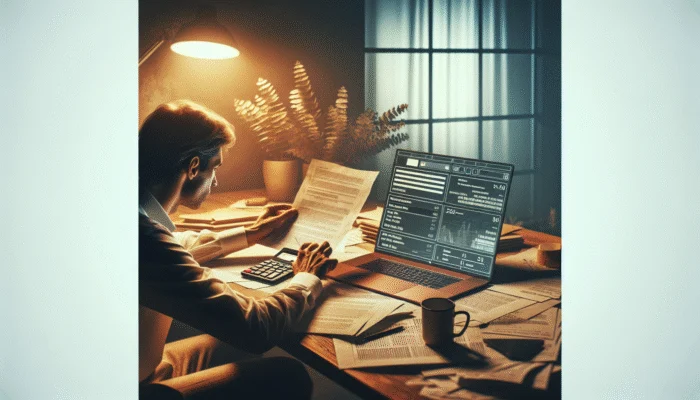 A person at a desk in a cozy office, reviewing loan documents and using a calculator.